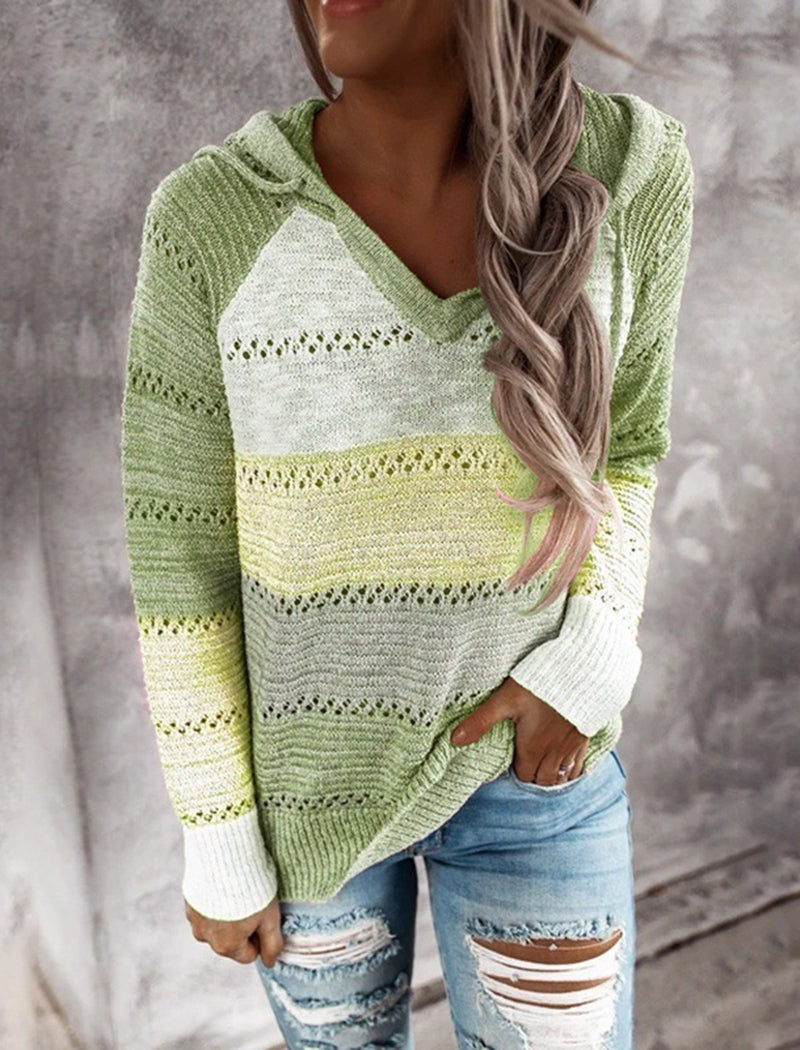 Striped V-Neck Knit Hooded Sweater