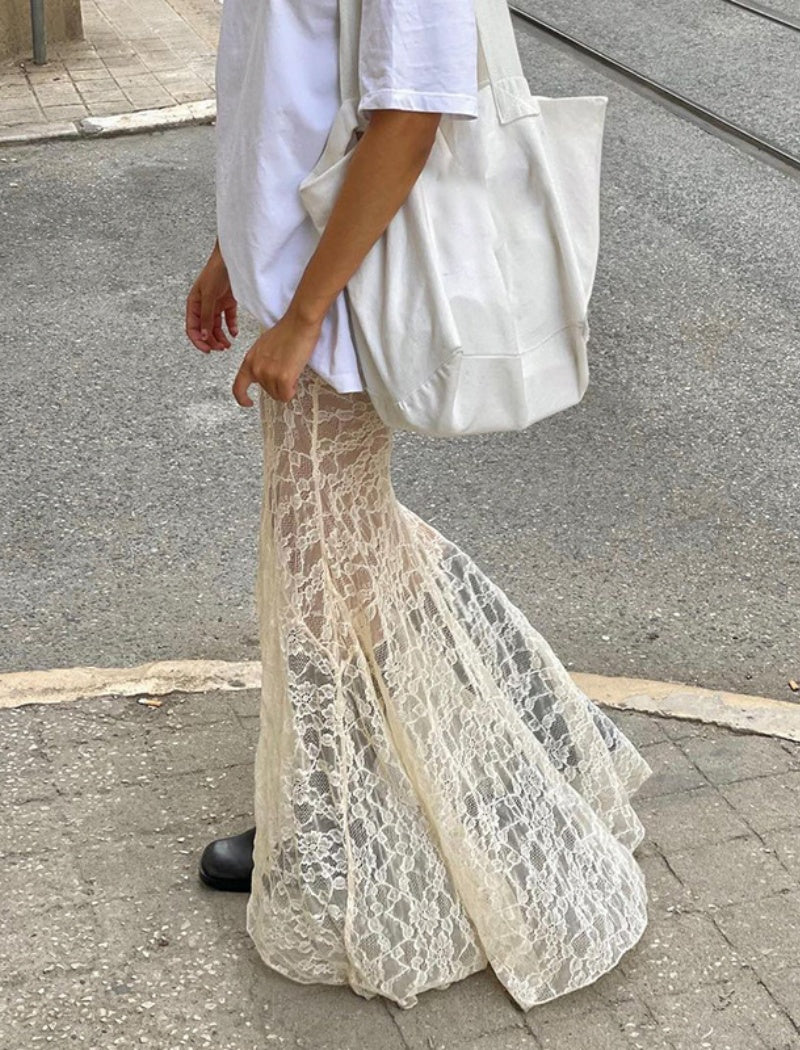 Sheer Lace Flare Maxi Skirt