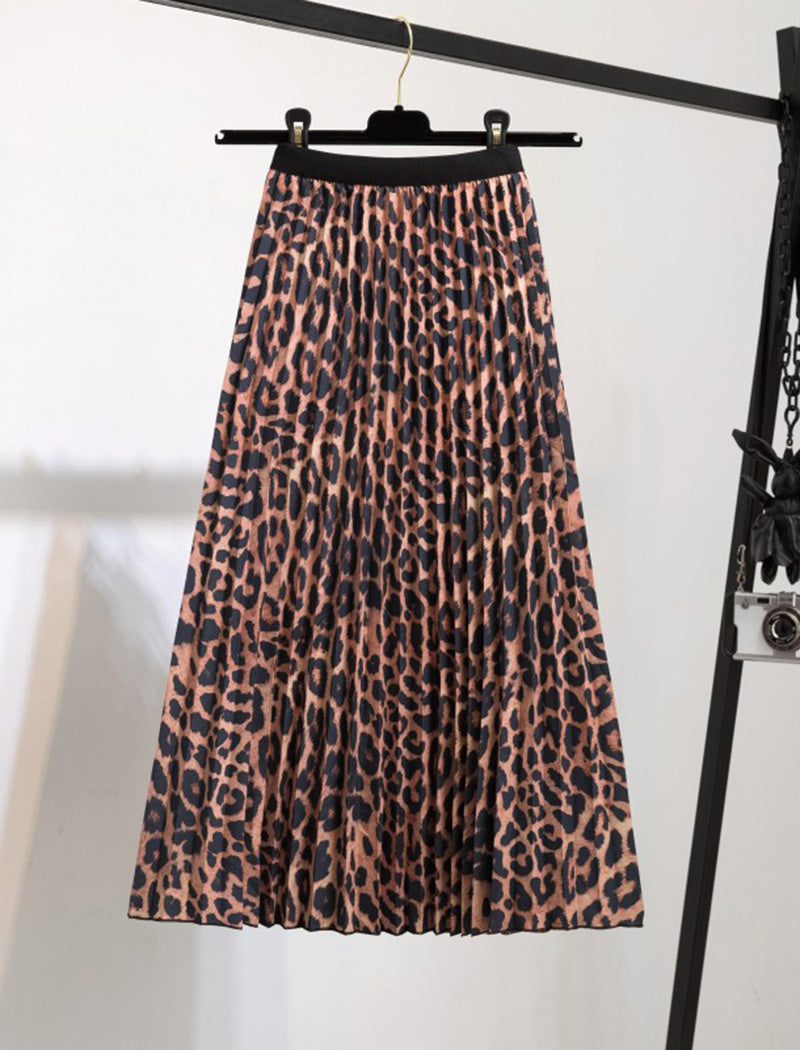 Animal Print Pleated Midi Skirt