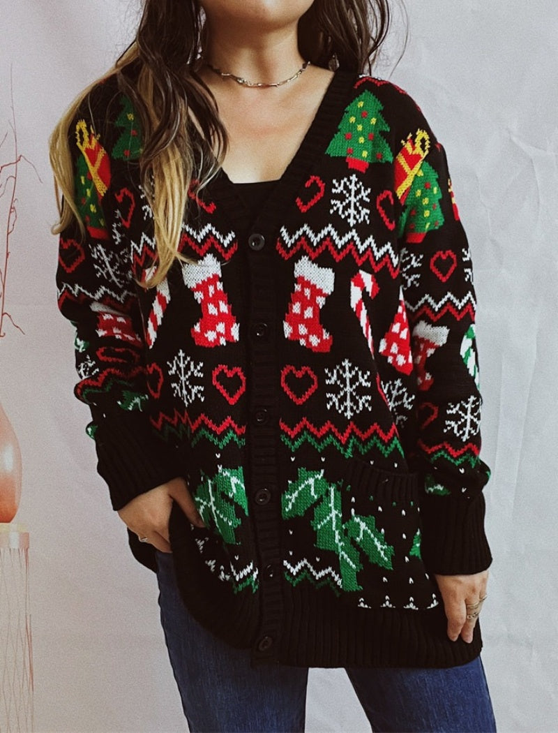 Holiday Cardigan with Festive Prints