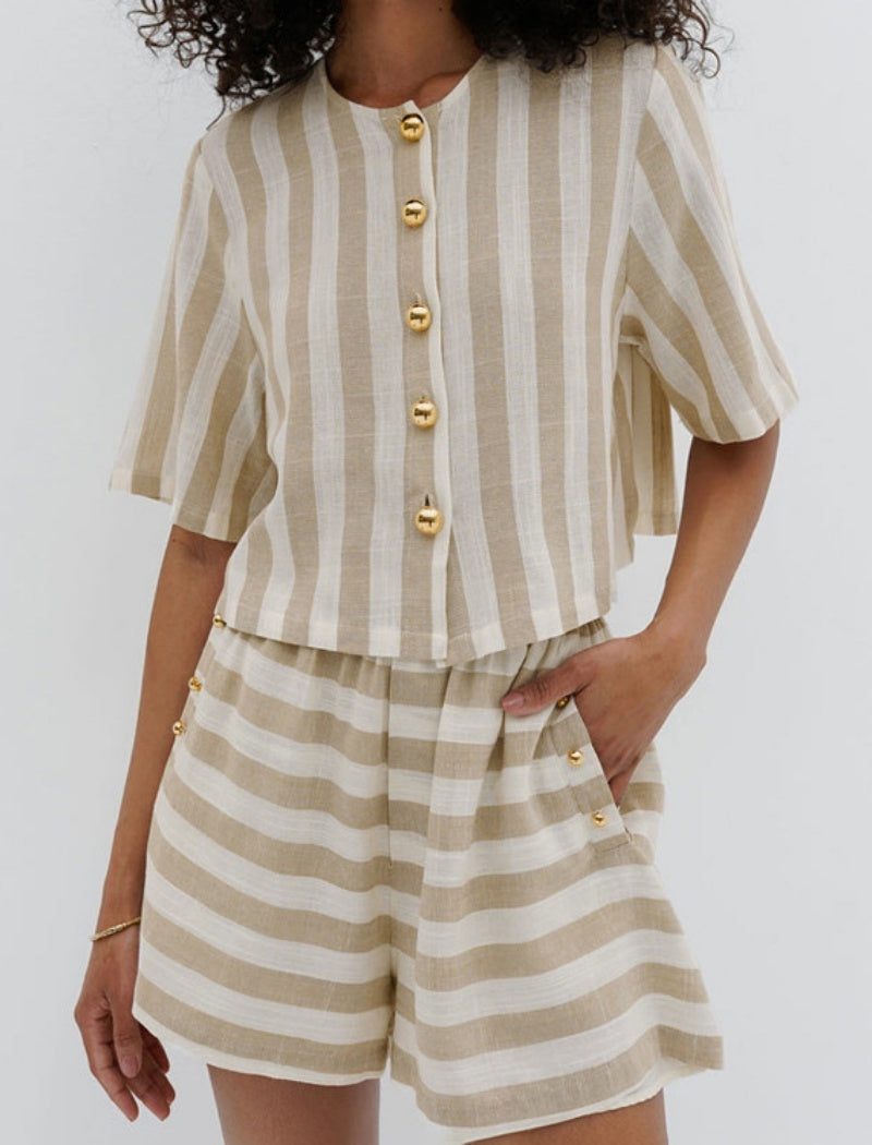 Striped Buttoned Short Sleeve Top and Shorts Set