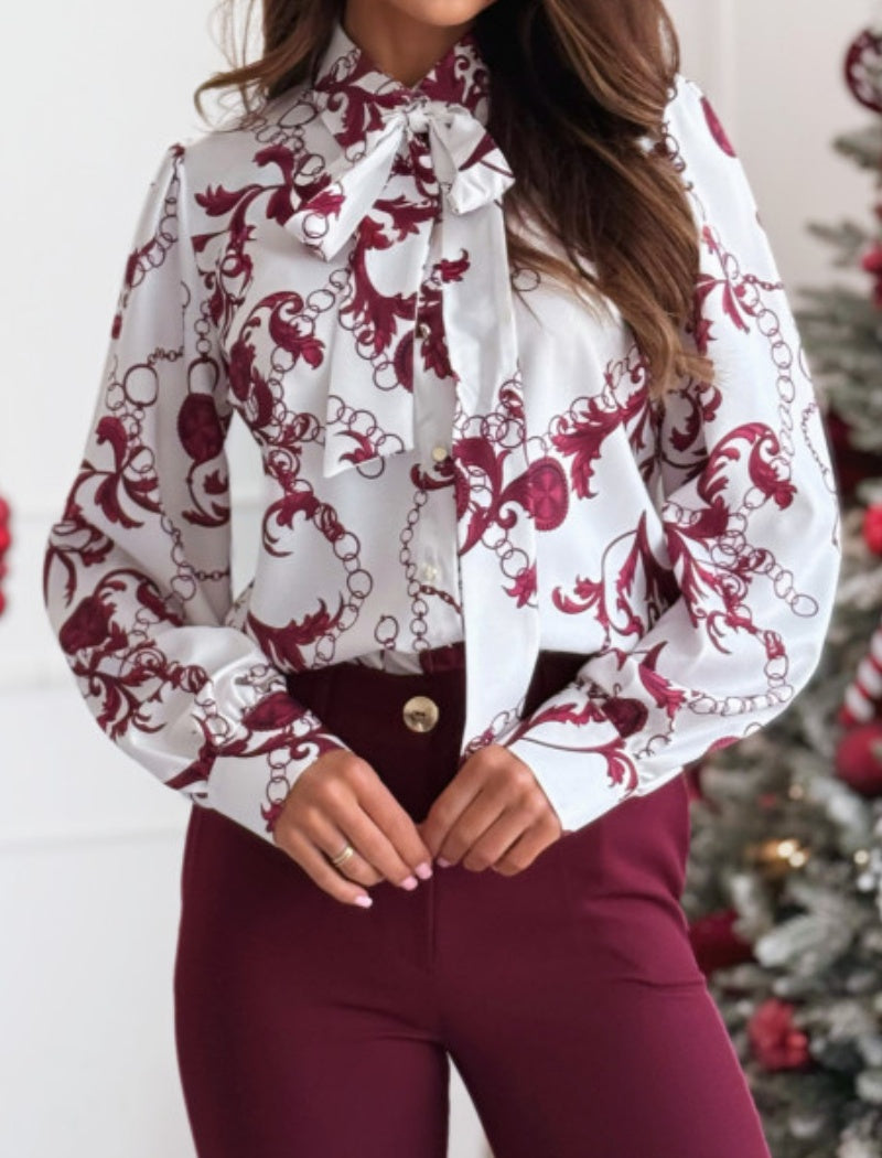 Printed Long Sleeve Bow Shirt