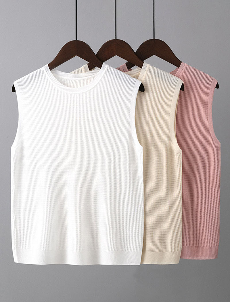 Sleeveless Wide-Shoulder Knit Crewneck Top