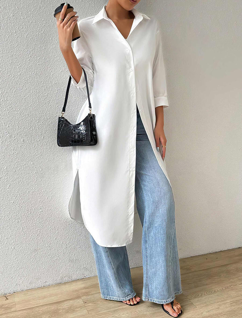 Solid Mid-Sleeve Long Cardigan Shirt