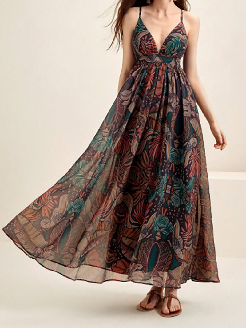 Tropical Print Plunging Maxi Cami Dress