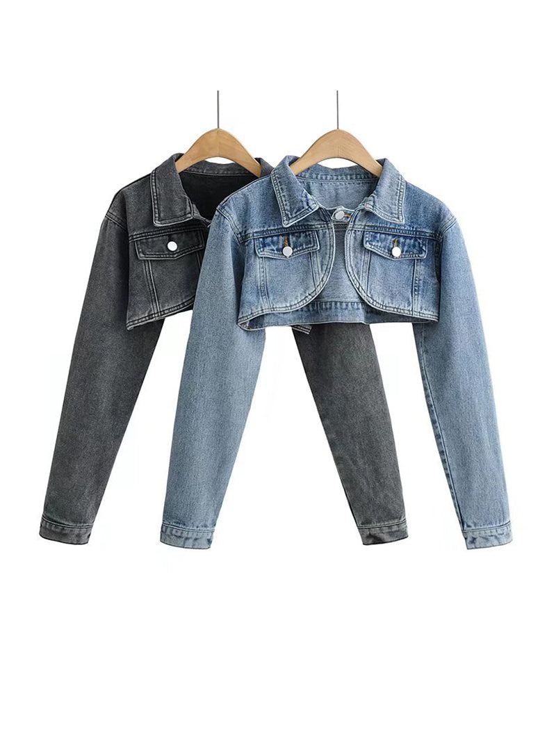 Cropped Button-Up Denim Bolero Jacket