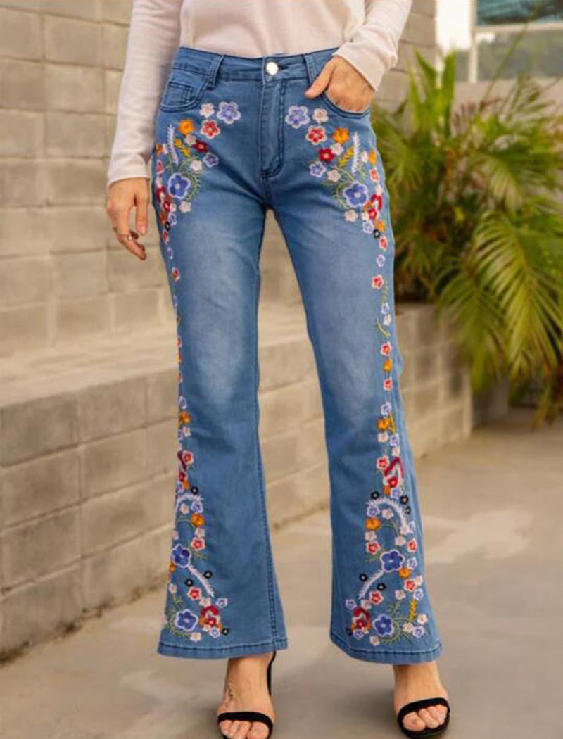 Floral Flared Denim Jeans