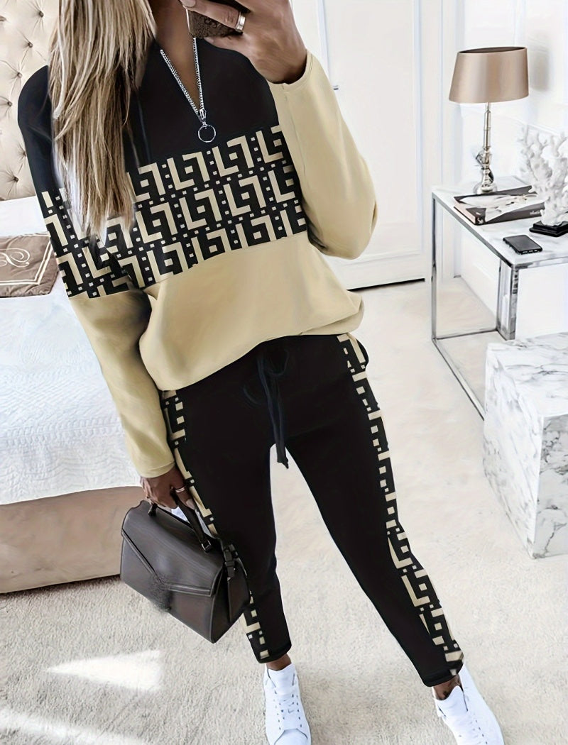 Two-Piece Monogram Print Hoodie and Jogger Set
