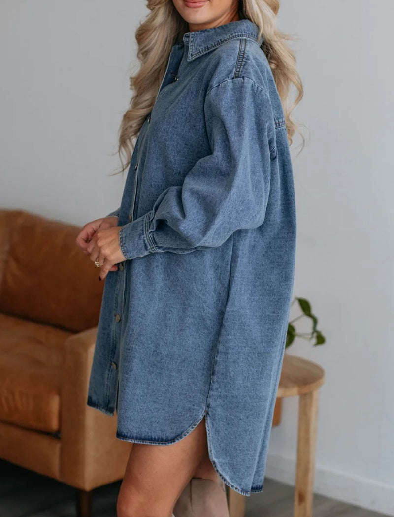 Oversized Button-Up Denim Shirt Dress