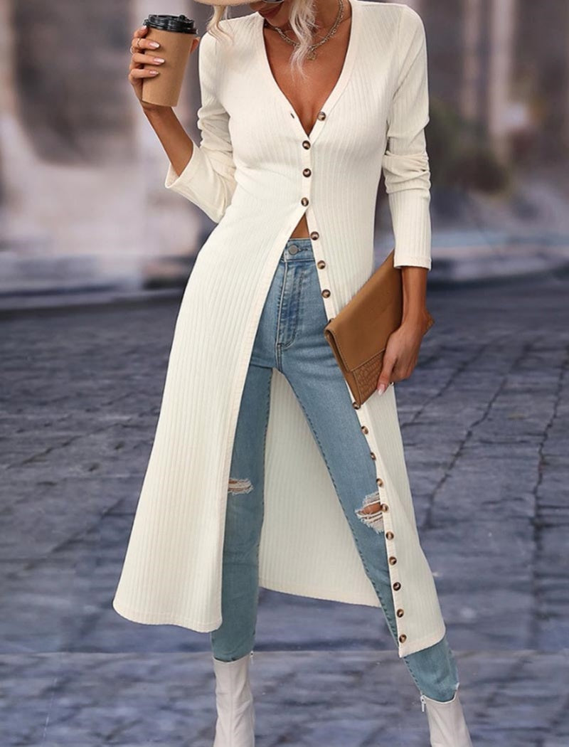 Ribbed Button-Up Longline Cardigan