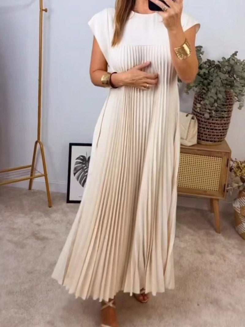 Pleated Cap-Sleeve Maxi Dress