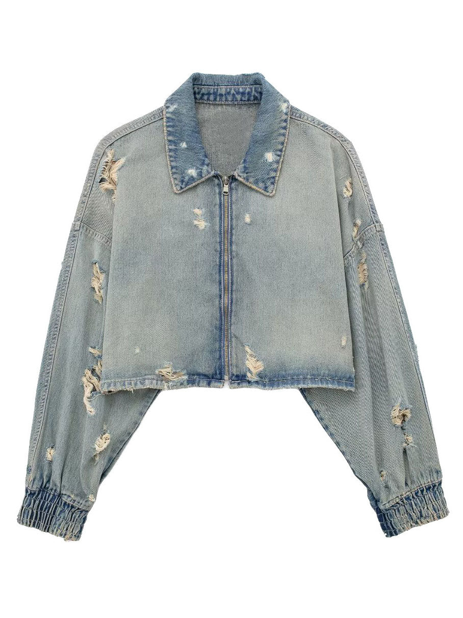 Distressed Zip-Up Crop Denim Jacket