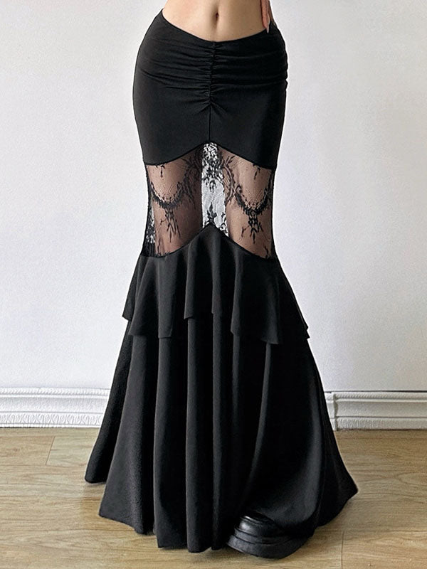 Flare Ruffle Lace Maxi Skirt