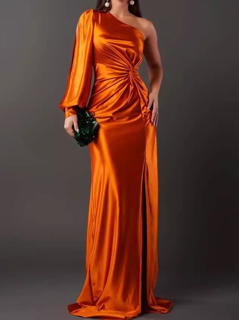 One-Shoulder Draped Split-Hem Maxi Dress