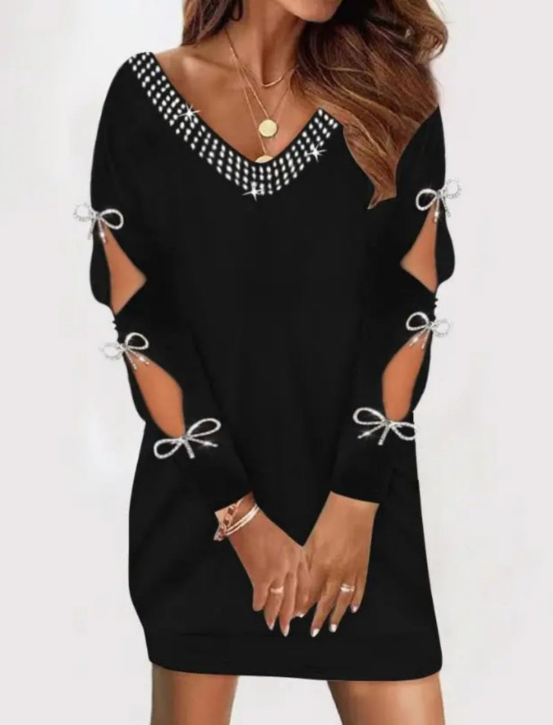 Rhinestone Butterfly Bow V-neck Knit Dress