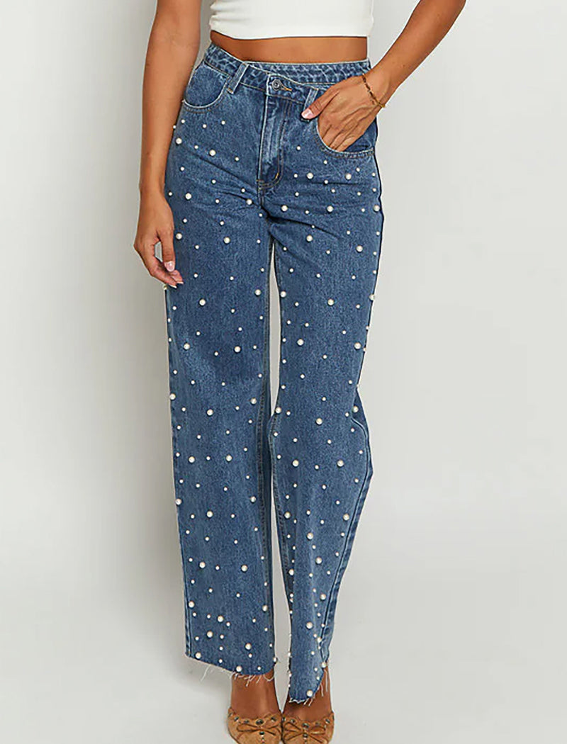 Pearl Embellished Straight-Leg Jeans