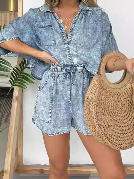 Button-Front Top and Drawstring Shorts Set