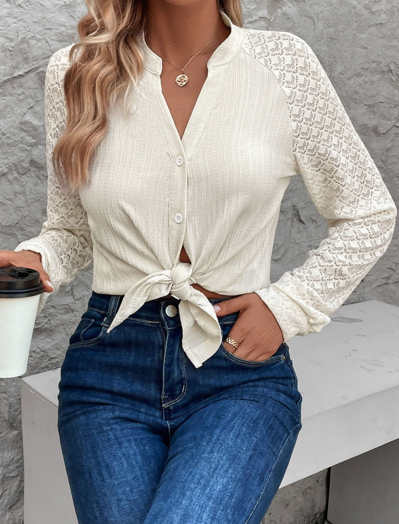 Stand Collar Pleated Solid Color Shirt