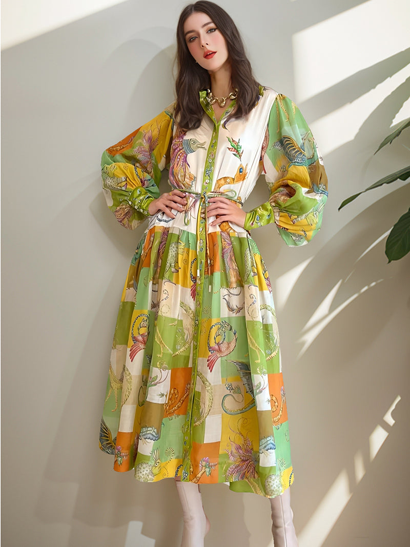 Puff Sleeves Patchwork Midi Dress