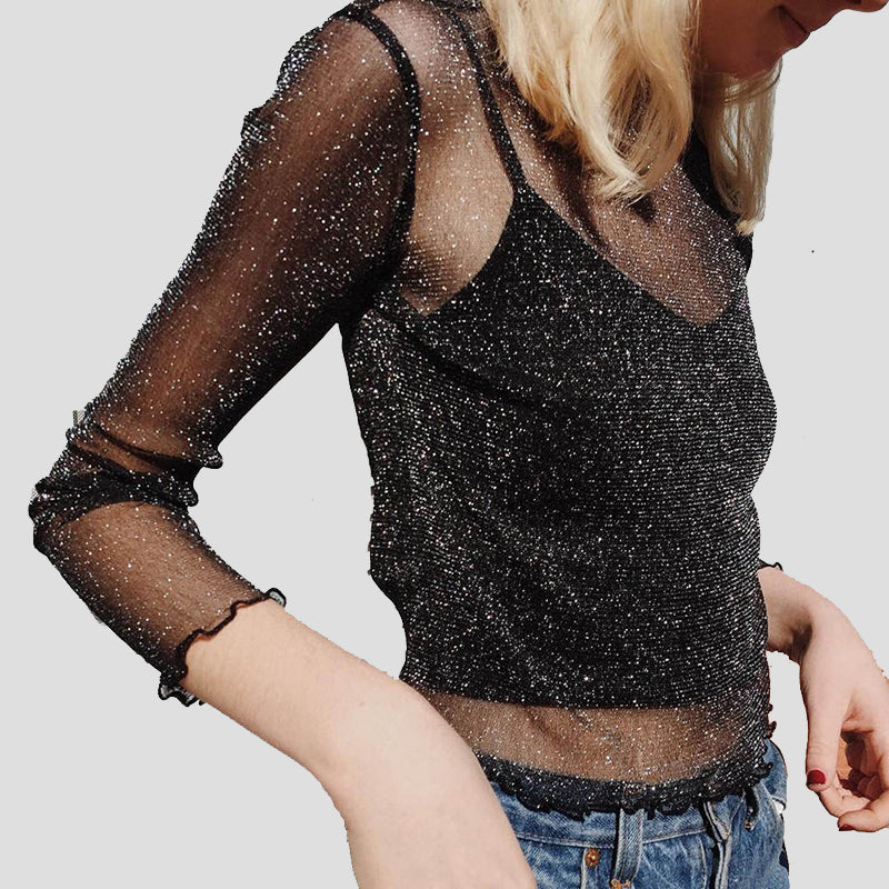 Glittery Sheer Mesh Long Sleeve Crop Top