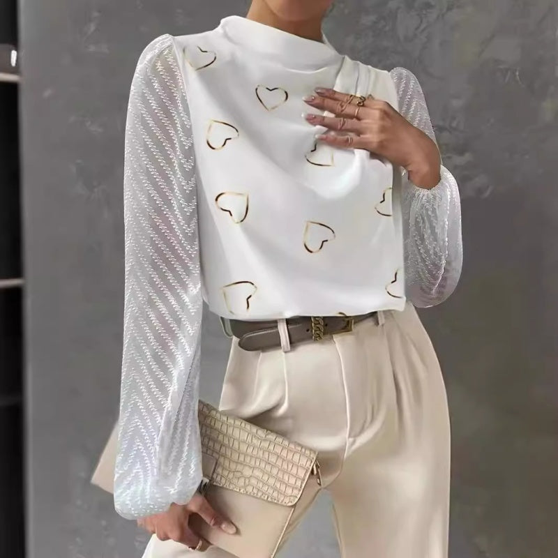 Heart Print Sheer Sleeve Blouse