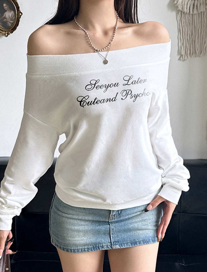 Off-Shoulder Printed Letter Top