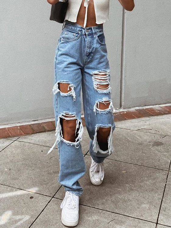 Distressed Ripped Wide-Leg Jeans