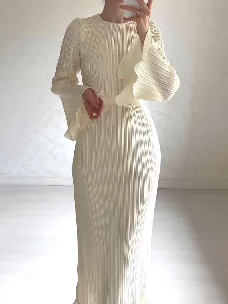 Pleated Long-Sleeve Maxi Dress