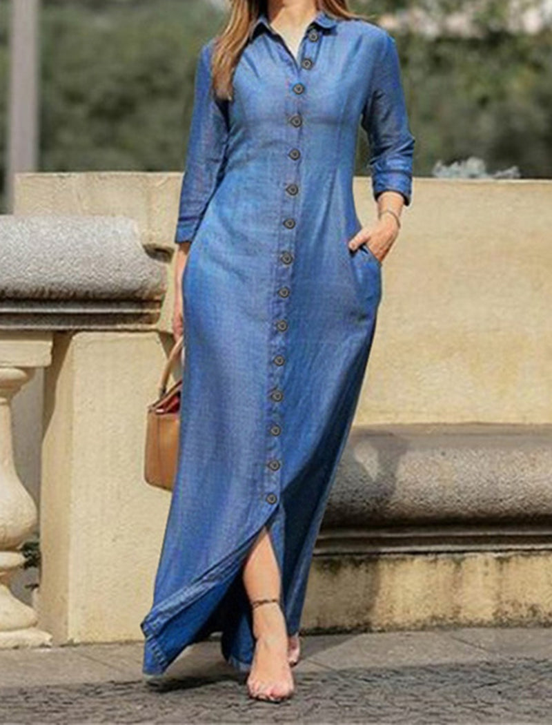 Long-Sleeve Buttoned Denim Dress