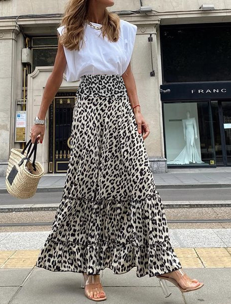 Leopard Print Tiered Maxi Skirt