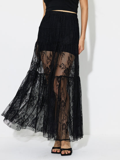 Tiered Sheer Lace Maxi Skirt