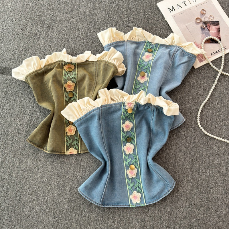 Ruffle Trim Off-Shoulder Denim Bustier