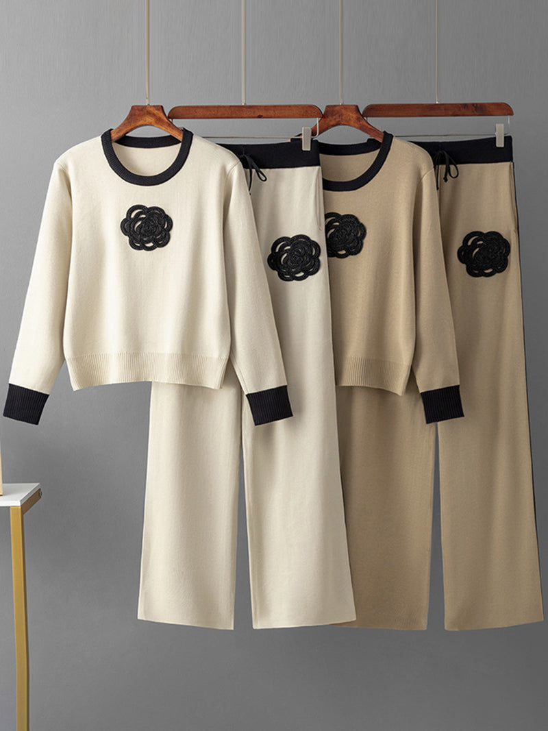 Floral Patchwork Sweater and Wide-Leg Pants Set