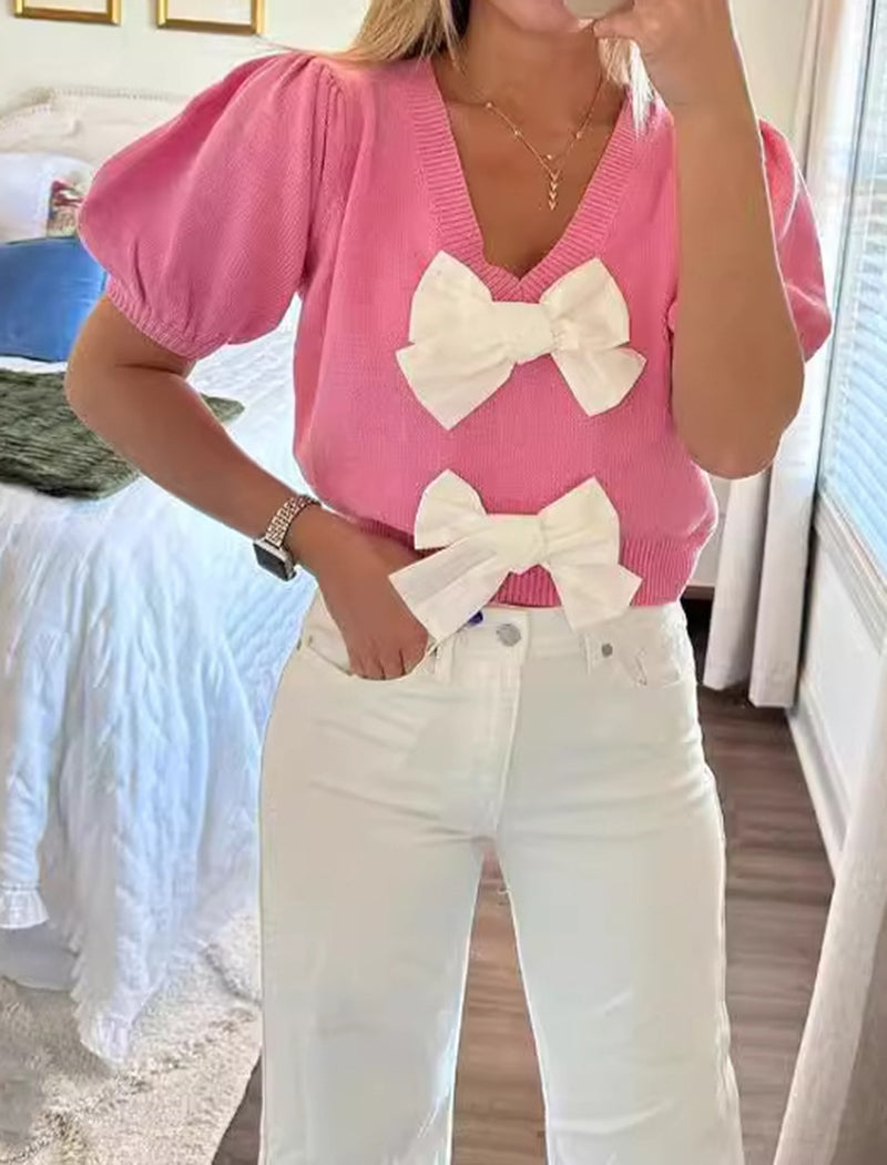 Short Sleeve Bow-Front Knit Top