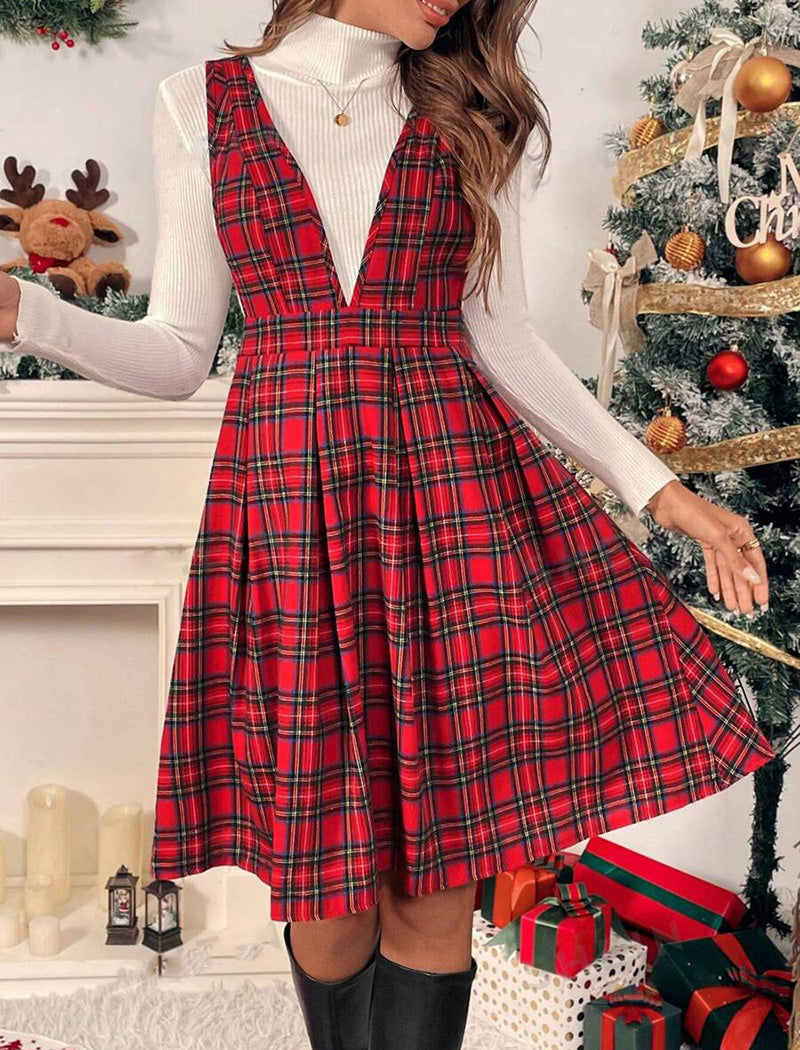 Plaid Sleeveless V-Neck Dress