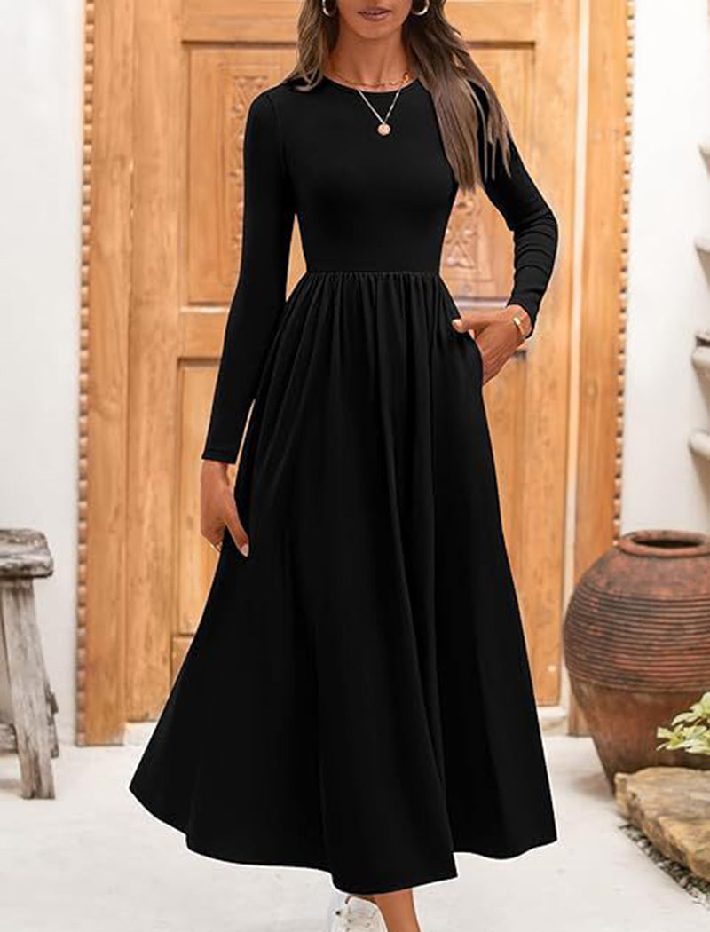 Long-Sleeve Pleated Midi Dress