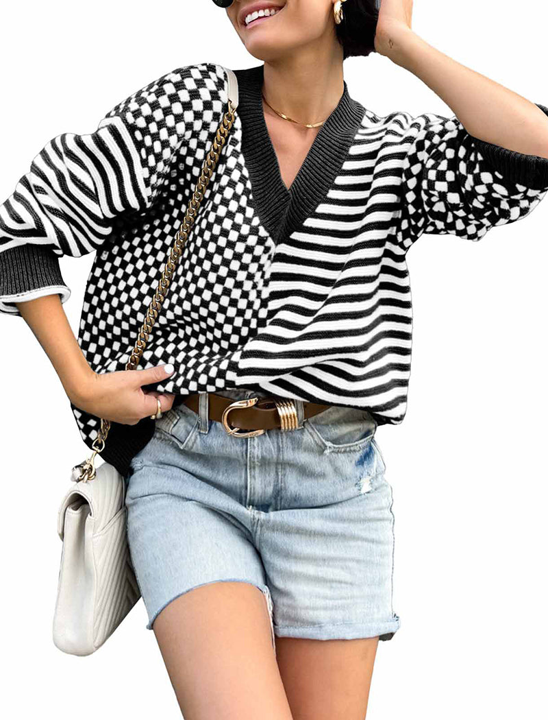 Striped Checkerboard Color-Blocked V-Neck Loose-Fit Sweater