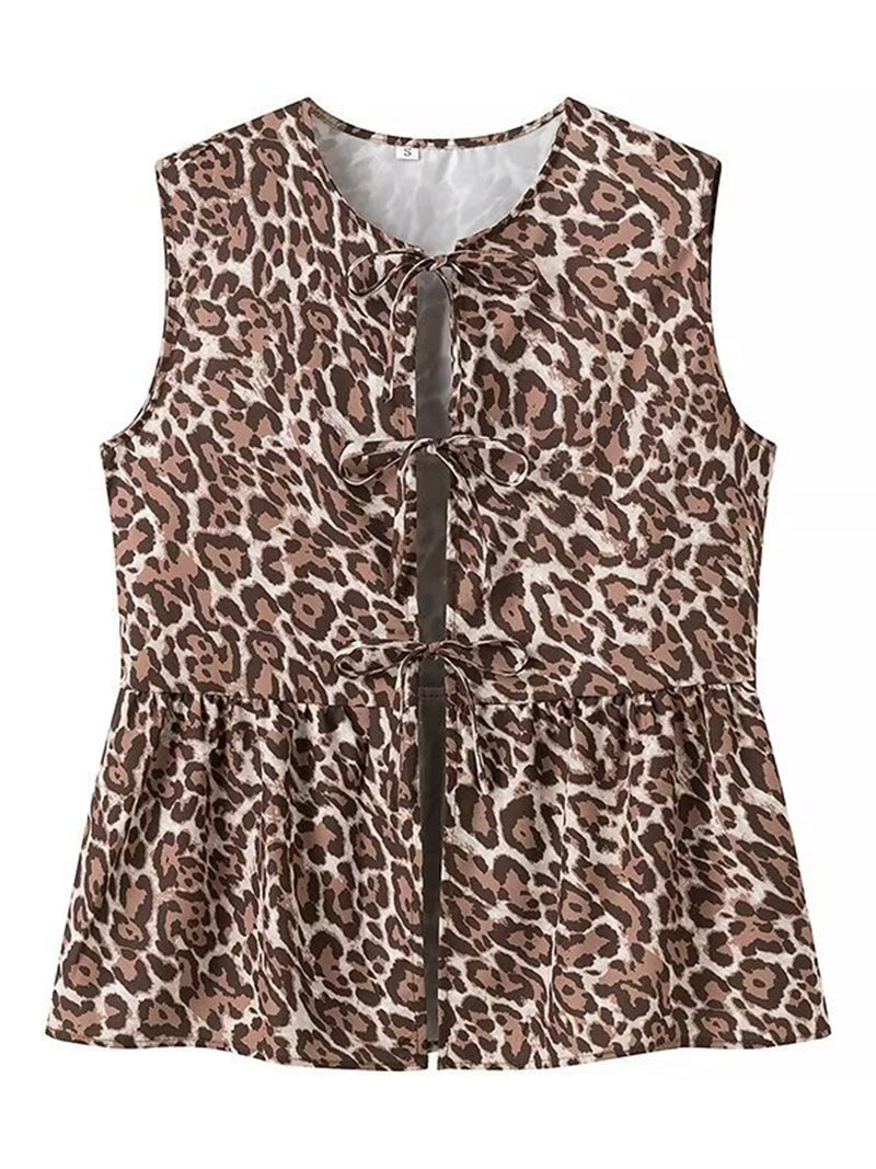 Leopard Print Tie-Front Peplum Top