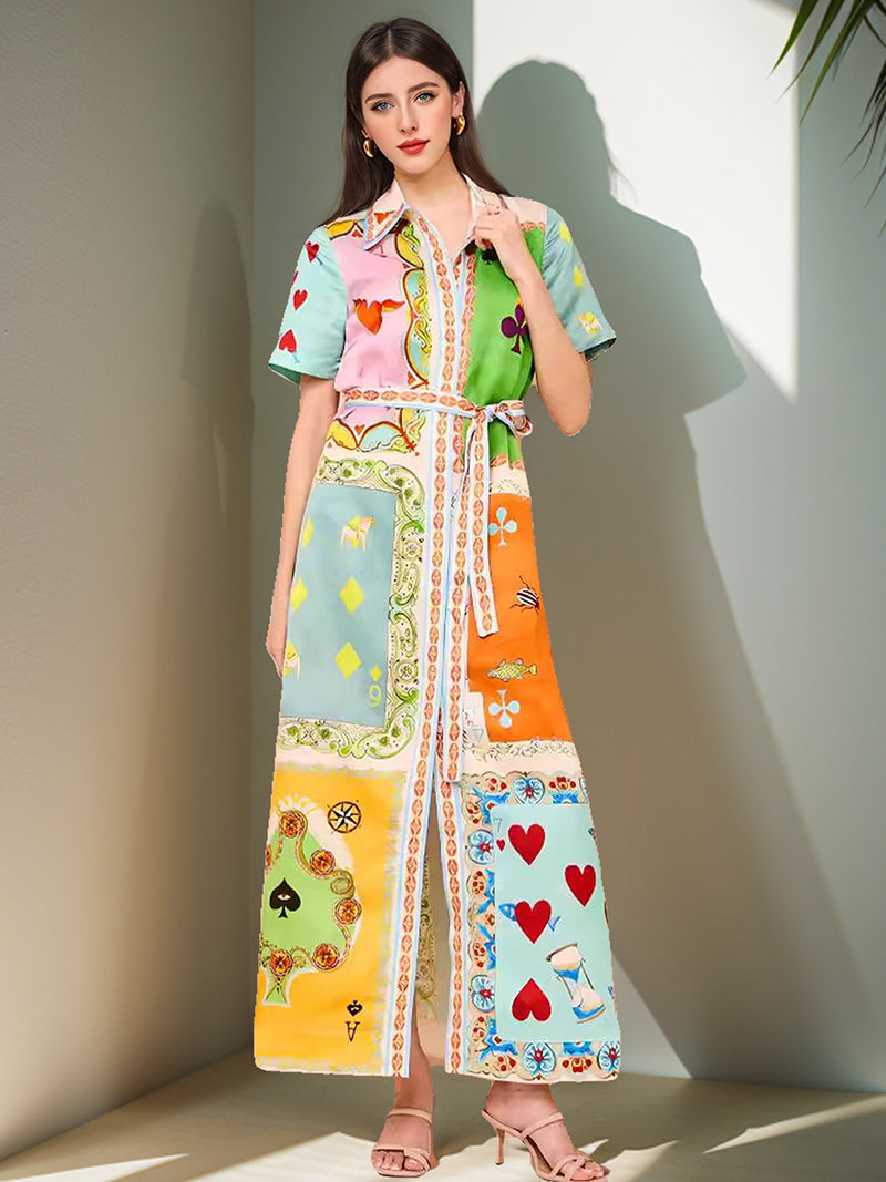 Patchwork Graphic Print Belted Maxi Dress