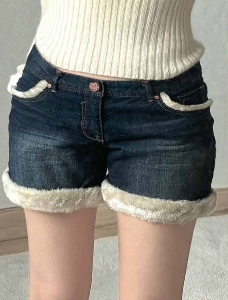 Patchwork Faux Fur Denim Shorts