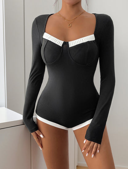 Long Sleeve Square Neck Color-Block Bodysuit