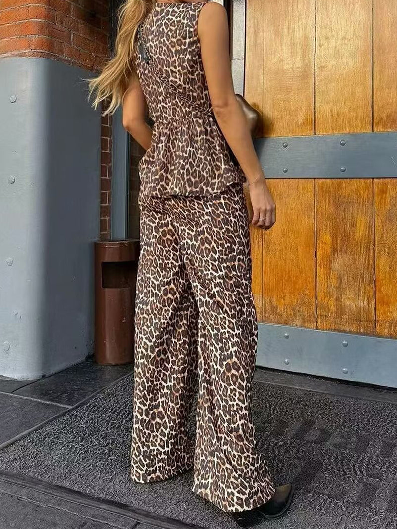 Leopard Print Vest and Wide-Leg Pants Set