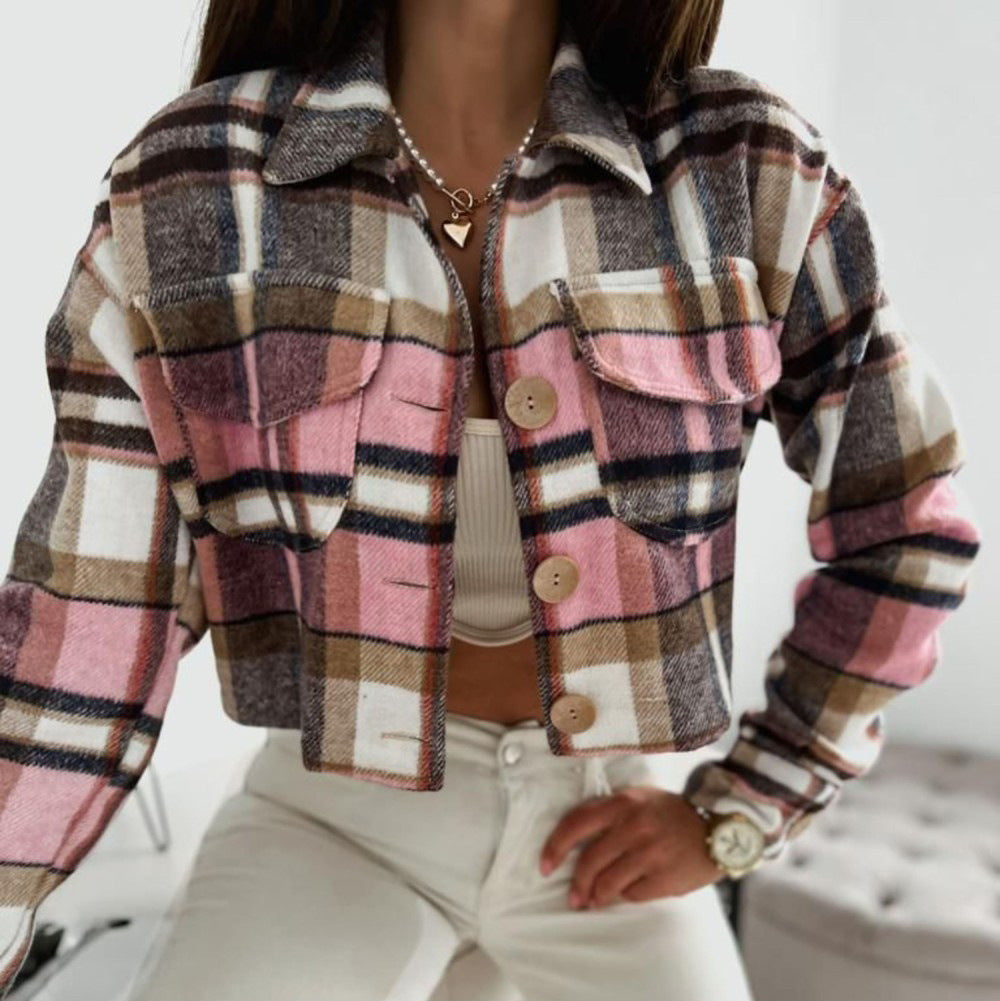 Cropped Plaid Button-Up Jacket