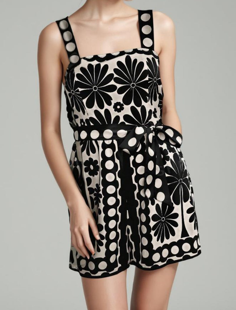 Floral Print Romper with Waist Tie