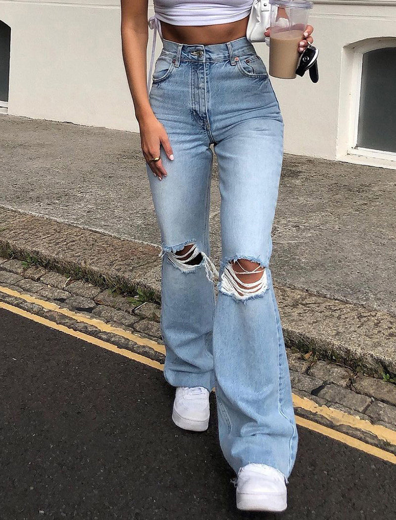 Distressed Wide-Leg Flared Denim Pants