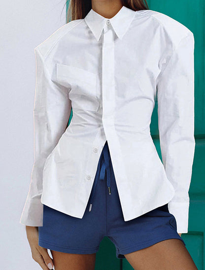 Padded Shoulder Waist-Tie Shirt