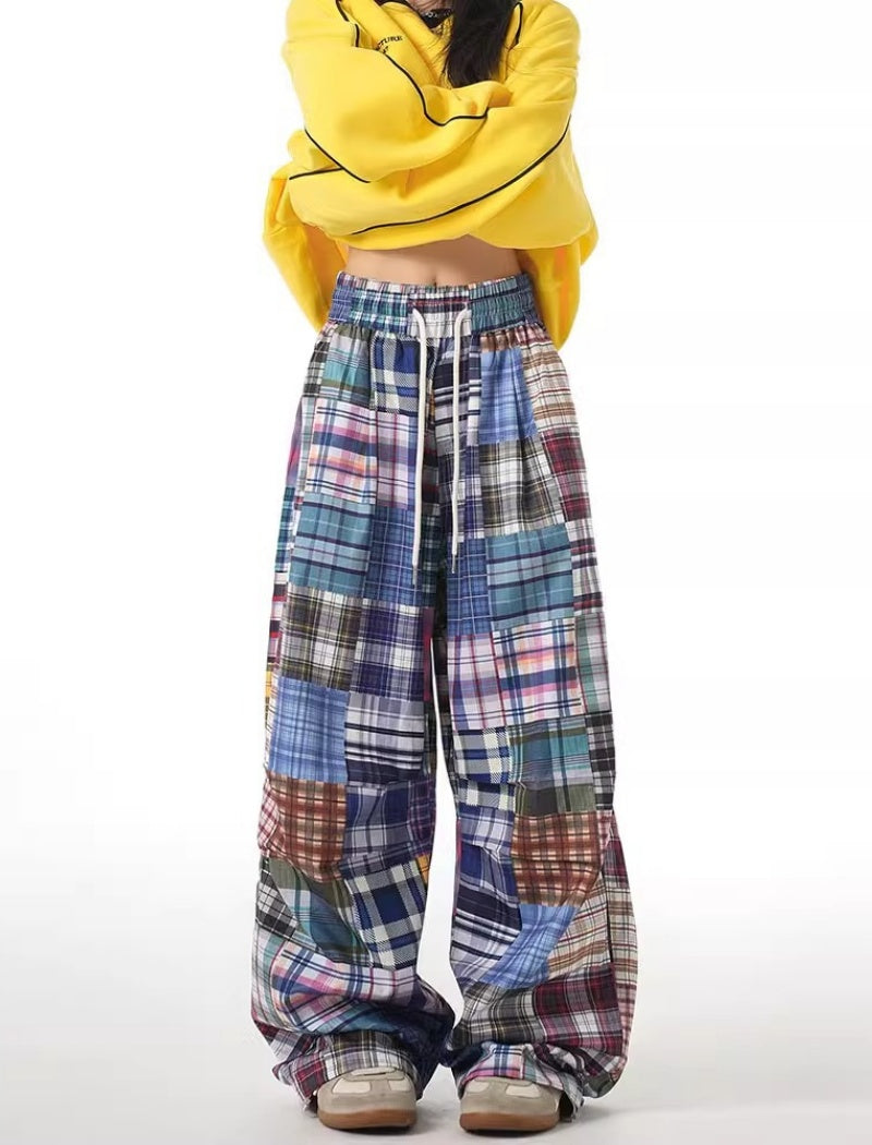 Patchwork Plaid Drawstring Pants