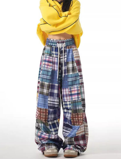 Patchwork Plaid Drawstring Pants