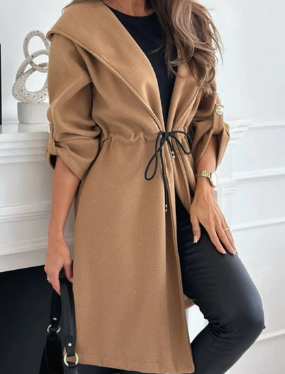 Tie-Front Hooded Collar Casual Long Sleeve Coat