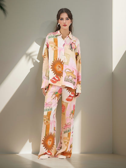 Graphic Print Shirt and Wide-Leg Pants Set